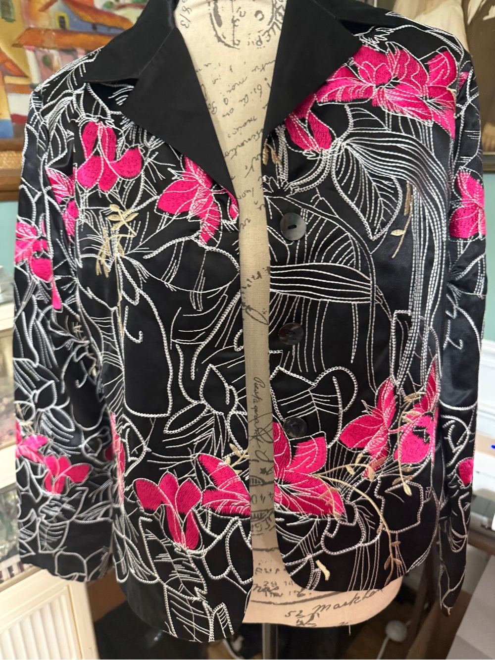 Chicos Black Floral Embroidered Blazer with Pink Accents NWT